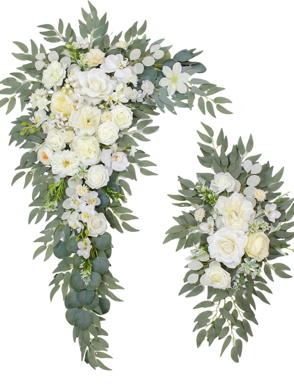 Elegant White Rose and Eucalyptus Cascading Floral Set - Home Accents (Pack of 2